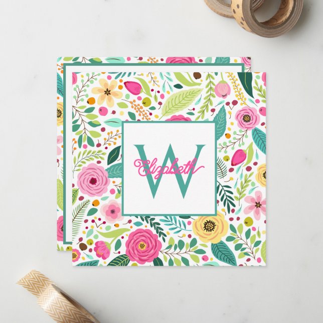 Carte De Correspondance Monogramme floral printanier rose jaune et sarcell (Devant/Arrière en situation)