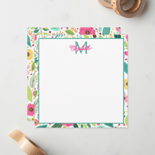 Carte De Correspondance Monogramme floral rose jaune et Turquoise de print