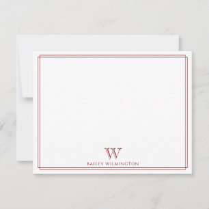 Carte De Correspondance Monogramme Initiale Double Bordure Rouge Foncé Cla