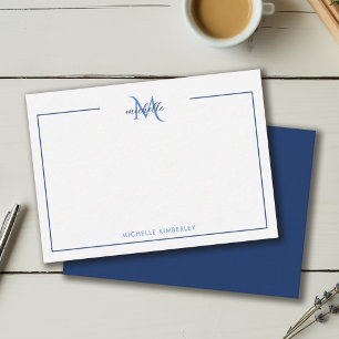 Carte De Correspondance Monogramme minimal bleu marine et blanc
