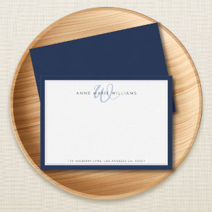 Carte De Correspondance Monogramme minimaliste à deux bordures bleu marine