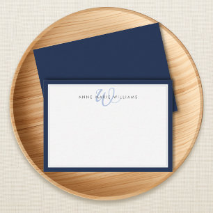 Carte De Correspondance Monogramme minimaliste à deux bordures bleu marine