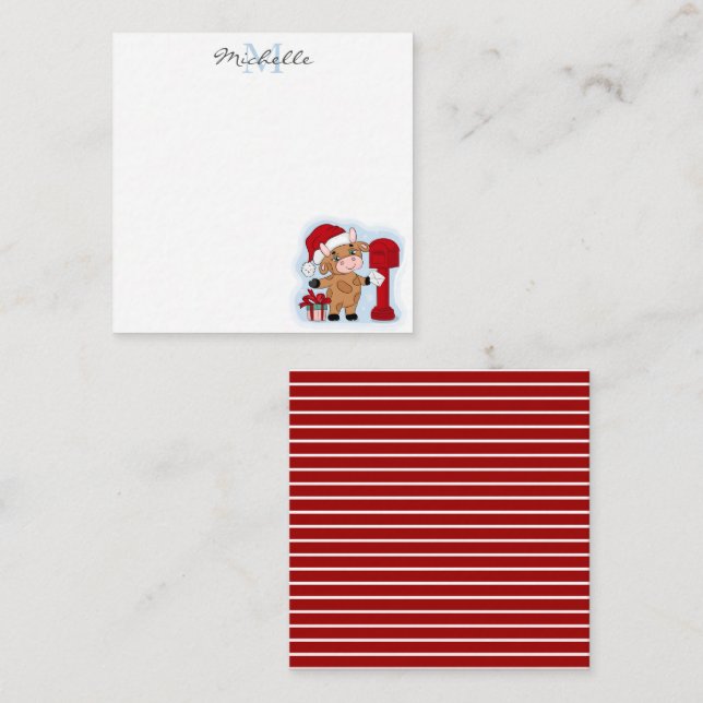 Carte De Correspondance Monogramme Noël Vacances Jolie Vache Personnalisée (Devant / Derrière)