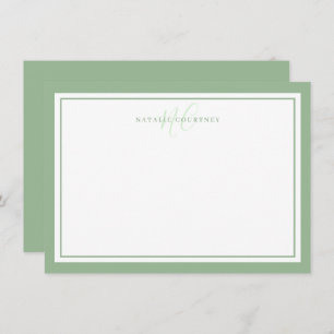 Carte De Correspondance Monogramme Script Deux bordures Minimale Sage Vert