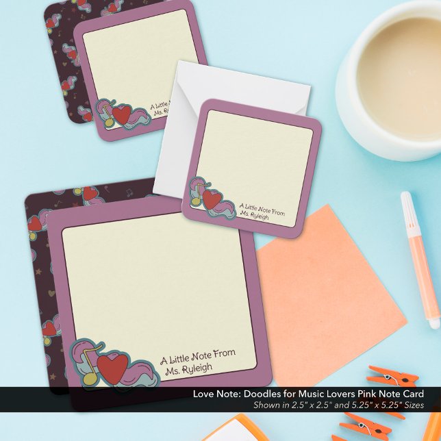 Carte De Correspondance Mot d'amour : Gribouillages pour amateurs de musiq (Love Note: Doodles for Music Lovers Pink Note Cards - Shown in the 2.5"x2.5" and 5.25"x5.25" Sizes)