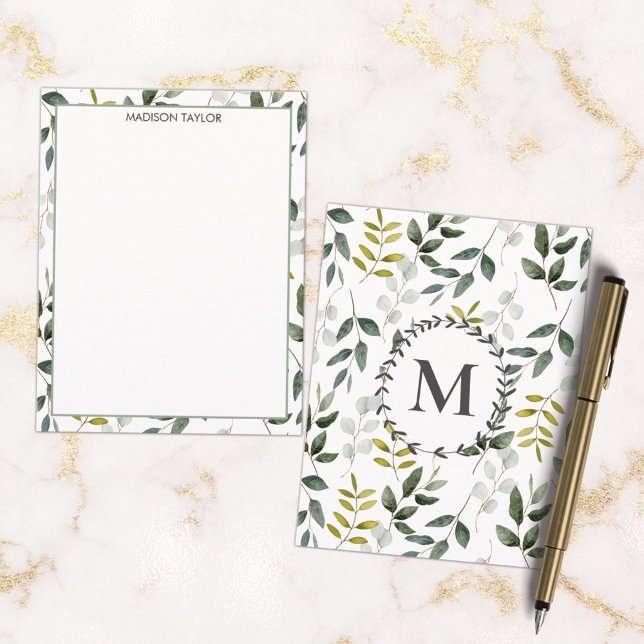 Carte De Correspondance Motif aquarelle de feuilles vertes monogrammées (In situ marble desk)