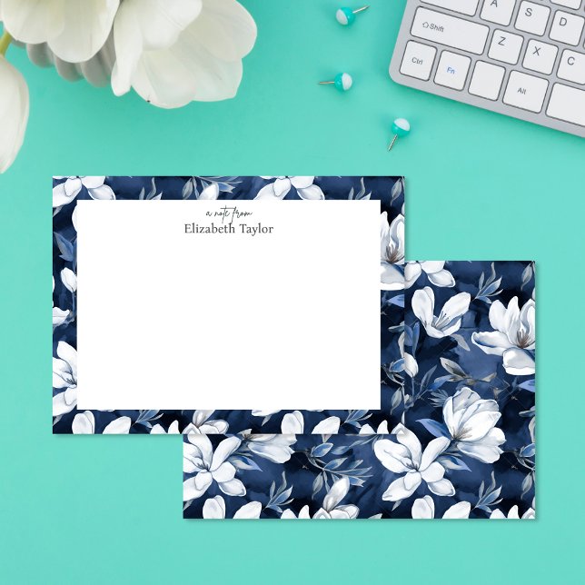 Carte De Correspondance Motif floral Magnolia blanc, bleu foncé (Créateur téléchargé)