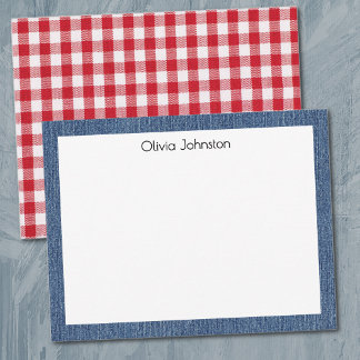 Carte De Correspondance Name || Red White Buffalo Check Blue Denim Frame