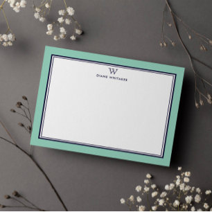 Carte De Correspondance NAVY & LIGHT TEAL Classique Monogramme Double Cadr