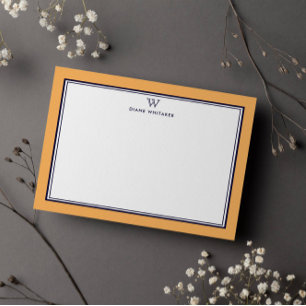 Carte De Correspondance NAVY & ORANGE Cadre Double Monogramme Classique