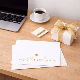 Carte De Correspondance Nom de script élégant avec cœur en feuille d'or fa