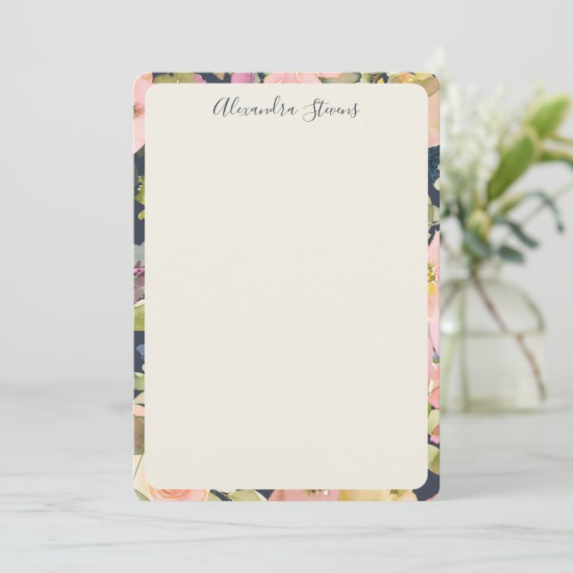 Carte De Correspondance Nom de script personnalisé Élégant Navy Blush Flor (Debout devant)