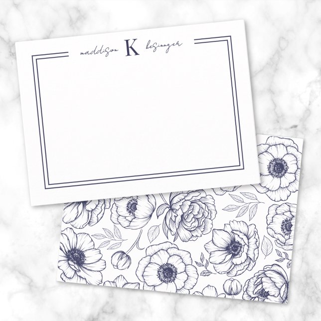Carte De Correspondance Nom floral bleu marine Monogramme (Navy Blue Floral Name Monogram Note Card)