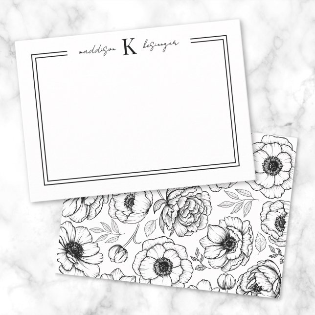 Carte De Correspondance Nom floral noir blanc Monogramme (Black White Floral Name Monogram Note Card )