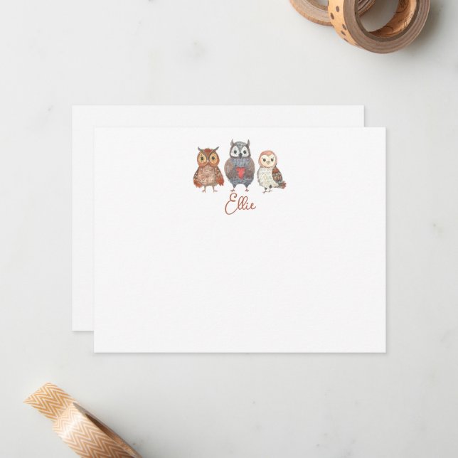 Carte De Correspondance Nom personnalisé et Chouette aquarelle (Devant/Arrière en situation)