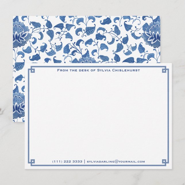Carte De Correspondance Note de | Chinoiserie Bleue Et Blanche Personnelle (Devant / Derrière)