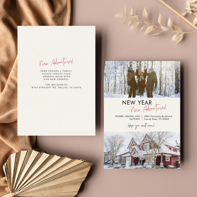 Carte De Correspondance Nouvelle année Aventures Accueil Changement d'adre (Family Photo New Year Moving Announcement Note Card)