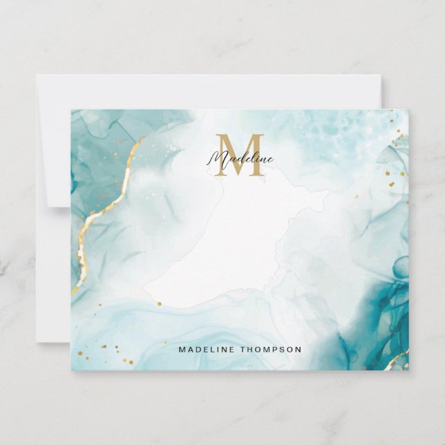 Carte De Correspondance Ocean Turquoise Blue Gold Aquarelle Monogramme (Devant)