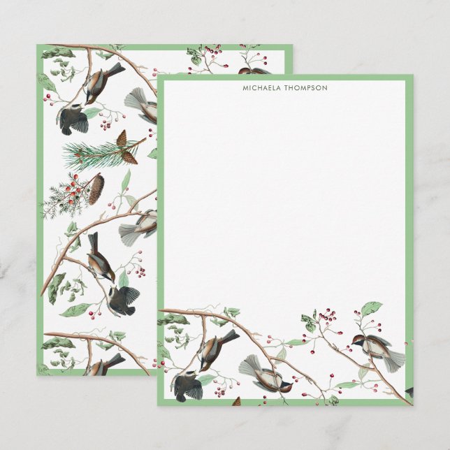 Carte De Correspondance Oiseaux mésanges Baies & Cônes de pin Aquarelle  (Devant / Derrière)