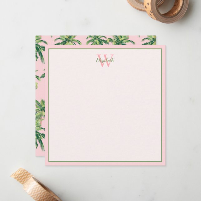 Carte De Correspondance Palmiers tropicaux sur Monogramme rose (Devant/Arrière en situation)