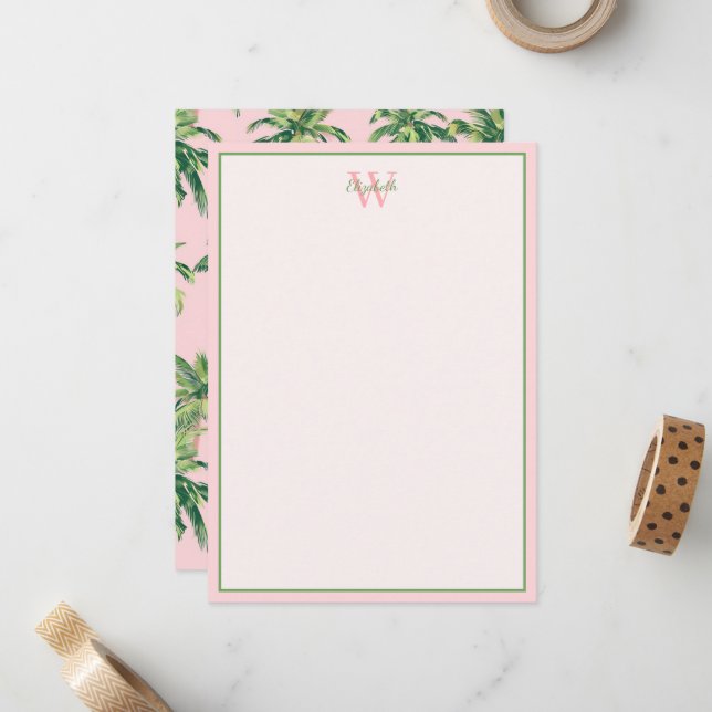 Carte De Correspondance Palmiers tropicaux sur Monogramme rose (Devant/Arrière en situation)