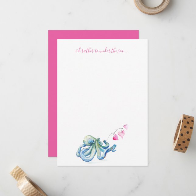 Carte De Correspondance Papeterie côtière personnalisée Aquarelle Octopus (Devant/Arrière en situation)