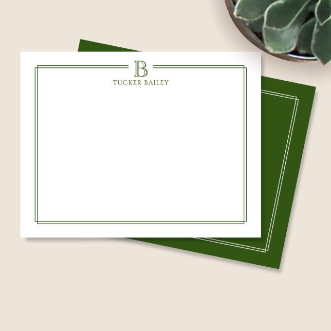 Carte De Correspondance Papeterie Élégante avec Bordure Vert Foncé Monogra (Créateur téléchargé)