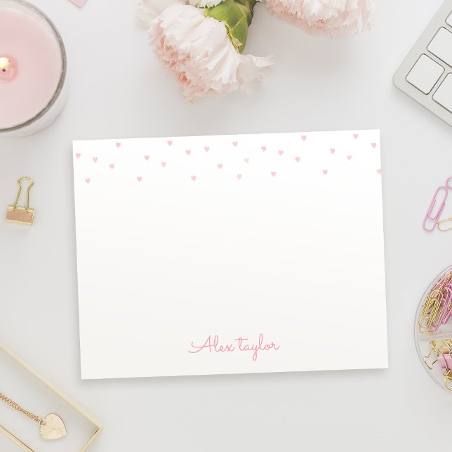 Carte De Correspondance Papeterie personnalisée avec coeurs roses mignons (Cute pink hearts girly Personalized Stationery Note Card)