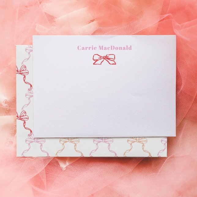 Carte De Correspondance Papeterie personnalisée avec nœuds aquarelle rose  (Watercolor red and pink painted bows personalized stationery note cards.)