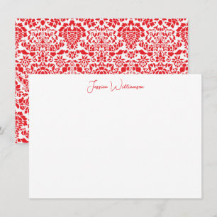 Carte De Correspondance Papeterie personnalisée avec nom en damas rouge de
