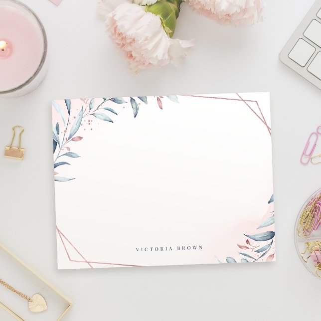Carte De Correspondance Papeterie personnalisée rose Gold Blue Green (Rose Gold Blue Greenery Personalized Stationery Note Card)