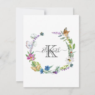Carte De Correspondance Papillons Fleurs Calligraphie Script Monogramme