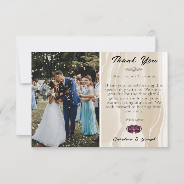 Carte De Correspondance Photo & Crème Soie & Coeur Mariage Merci (Devant)