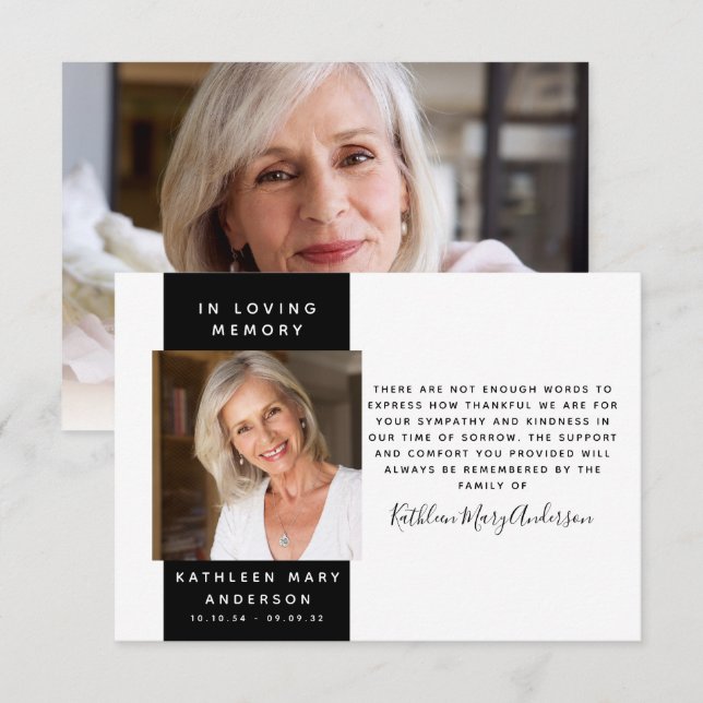 Carte De Correspondance Photo moderne Sympathy Funérailles Merci Note (Devant / Derrière)
