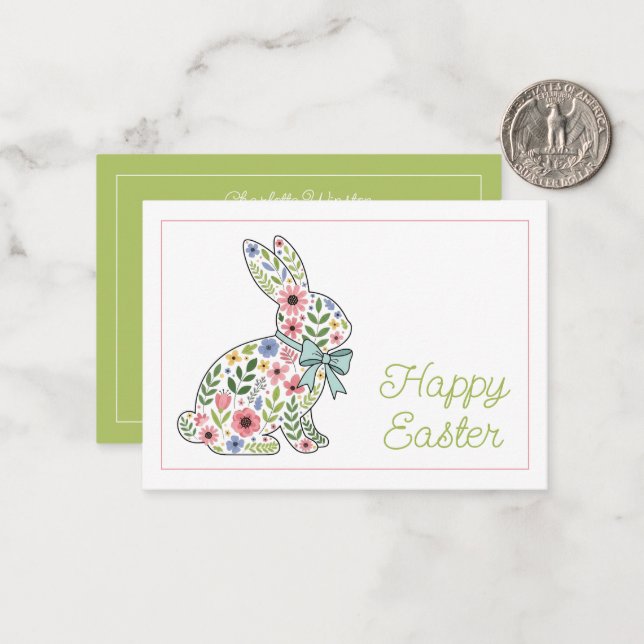Carte De Correspondance Pink and Blue Wildflower Easter Rabbit (Devant/Arrière en situation)