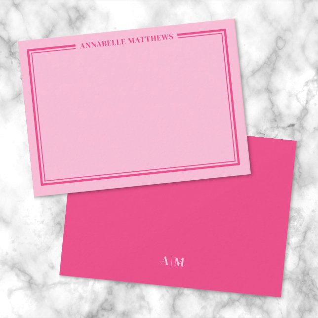 Carte De Correspondance Pink Two Border Minimalist Name Monogram (Pink Two Border Minimalist Name Monogram Note Card)