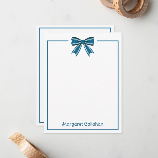 Carte De Correspondance Preppy Blue and White Bow Personalized (Devant/Arrière en situation)