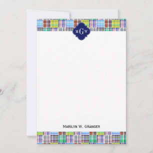 Carte De Correspondance Preppy Patchwork Madras Navy Quatrefoil Monogramme