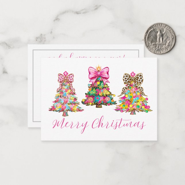 Carte De Correspondance Preppy Pink and Green Christmas Trees (Devant/Arrière en situation)