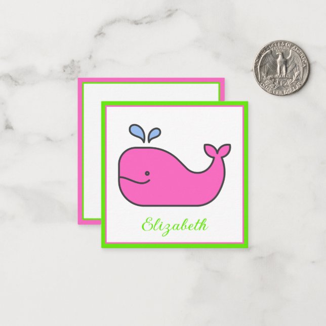 Carte De Correspondance Preppy Pink et Green Whale Personnalisé (Devant/Arrière en situation)