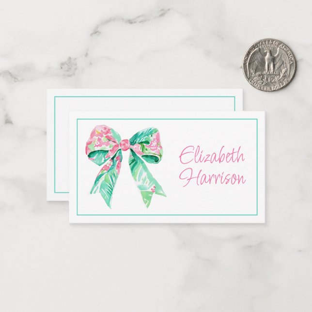 Carte De Correspondance Preppy rose et Aqua Floral Bow (Devant/Arrière en situation)