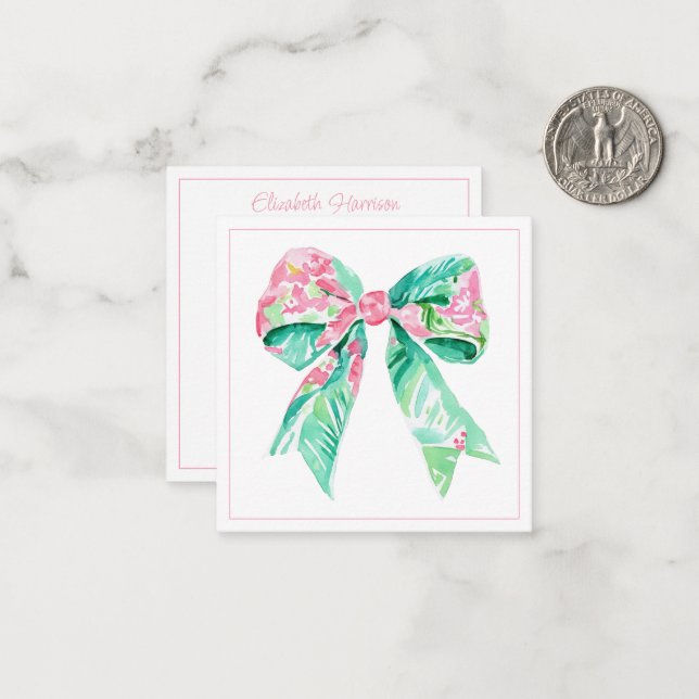 Carte De Correspondance Preppy rose Floral Bow Personnalisé (Devant/Arrière en situation)