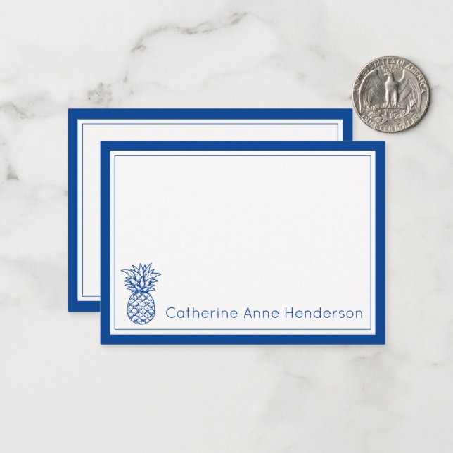 Carte De Correspondance Preppy Tropical Navy Blue Pineappy Personnalisé (Devant/Arrière en situation)