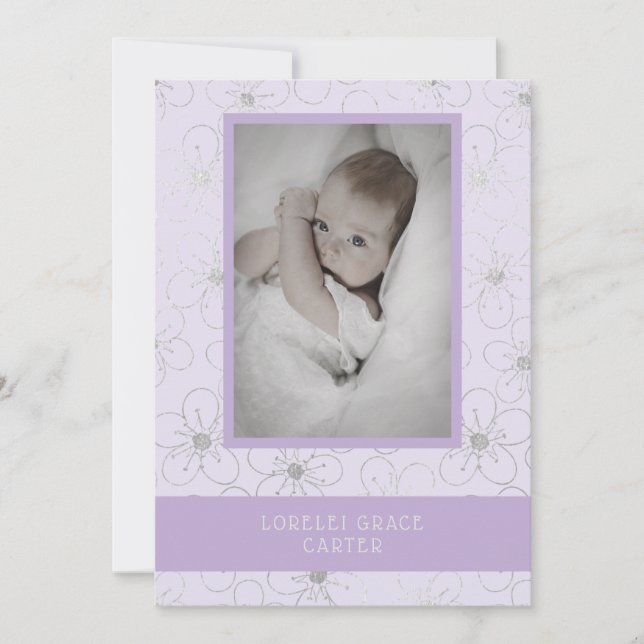 Carte De Correspondance Purple Wildflowers Silver Photo Naming Ceremony (Devant)