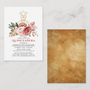 Carte De Correspondance Quinceanera Floral Faux Robe d'or 15e anniversaire