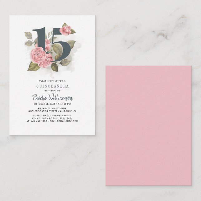 Carte De Correspondance Quinceanera Floral rustique 15e anniversaire Botan (Devant / Derrière)