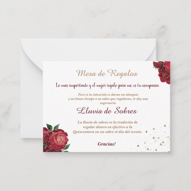 Carte De Correspondance Quinceañera Lluvia de Sobres Roses rouges blanches (Devant)