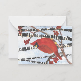 CARTE DE CORRESPONDANCE RED CARDINAL IN WHITE BIRCHES WITH BERRIES 