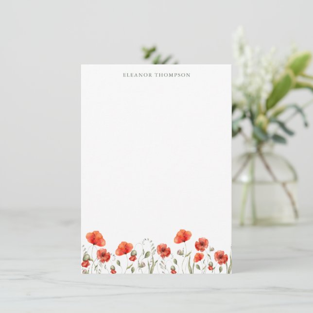 Carte De Correspondance Red Poppy Floral Nom personnalisé Papier à lettres (Debout devant)