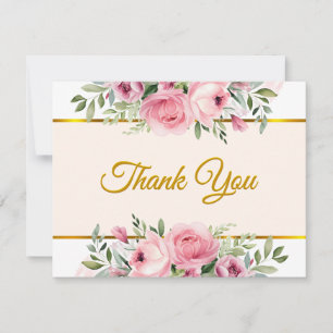 Carte De Correspondance Remerciement Rose Pâle Élégant avec Fleurs et Garn